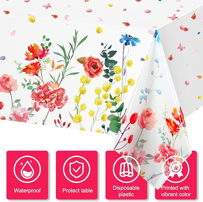 Breling 6 Pieces Wildflower Tablecloths Watercolor Floral Table Cover Wild Flower Plastic Tablecloth for Holiday Birthday Tea Party Weeding Baby Shower Decor, 54 x 108 Inch (Bright Style)