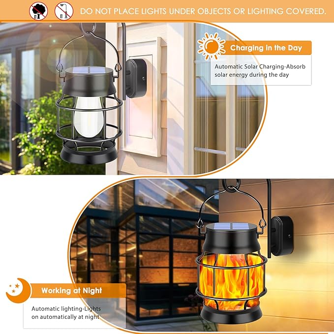 TomCare Solar Lanterns Flickering Flame Solar Lights Outdoor Waterproof Metal Hanging Lantern Lighting Solar Powered Lanterns for Decorative Outdoor Patio Porch Garden Lawn,4 Pack