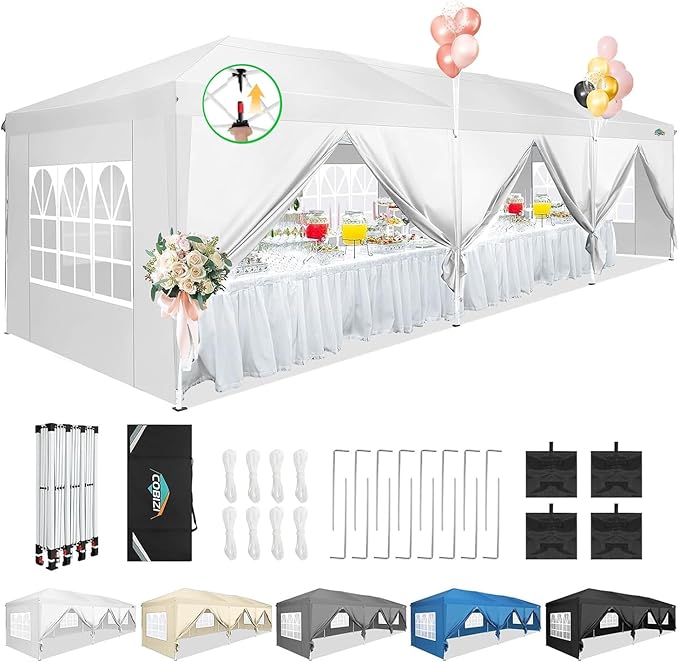 COBIZI 10x30 Pop Up Canopy Tent for Parties with 8 Sidewalls Waterproof Commercial Instant Canopy 10x30 Party Tent for Backyard, Wedding Portable Outdoor Gazebo with Carrybag&4 Sandbags(White