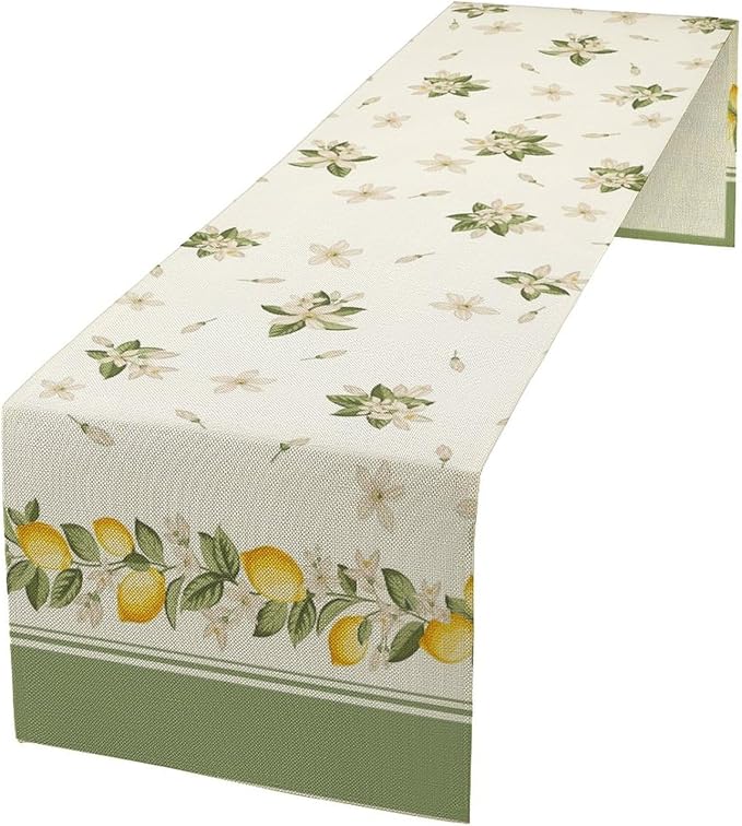 Lemon Spring Table Runner, Farmhouse Rustic Summer Flower Leaves Table Cover for Home Kitchen Dining Room Table, 13x70inch