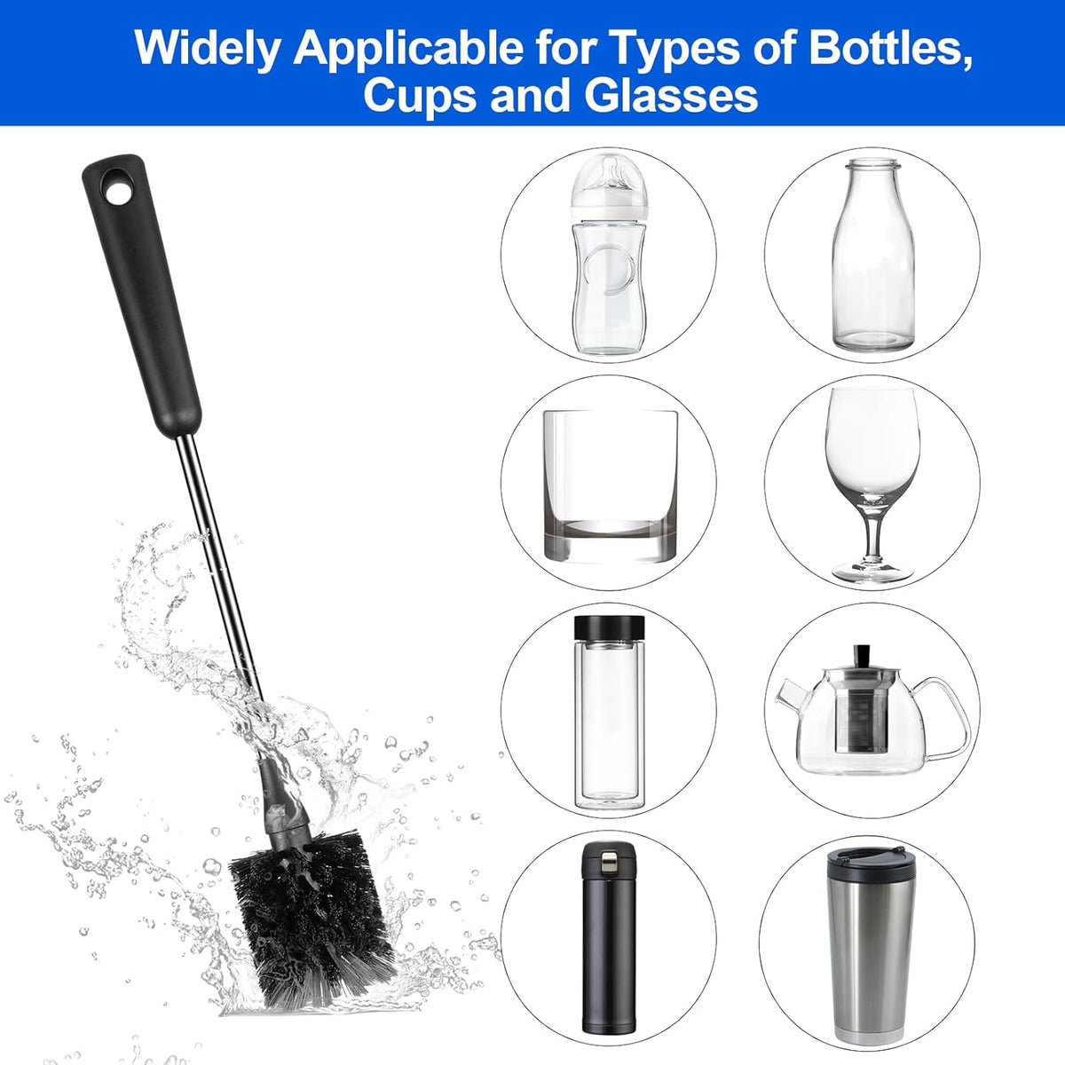 Bottle Brush, Long Stainless Steel Handle Water Bottle Brush Cleaner, Sports Bottle Scrubber, Kitchen Scrub Cleaning Brushes for Beer Bottles, Cups