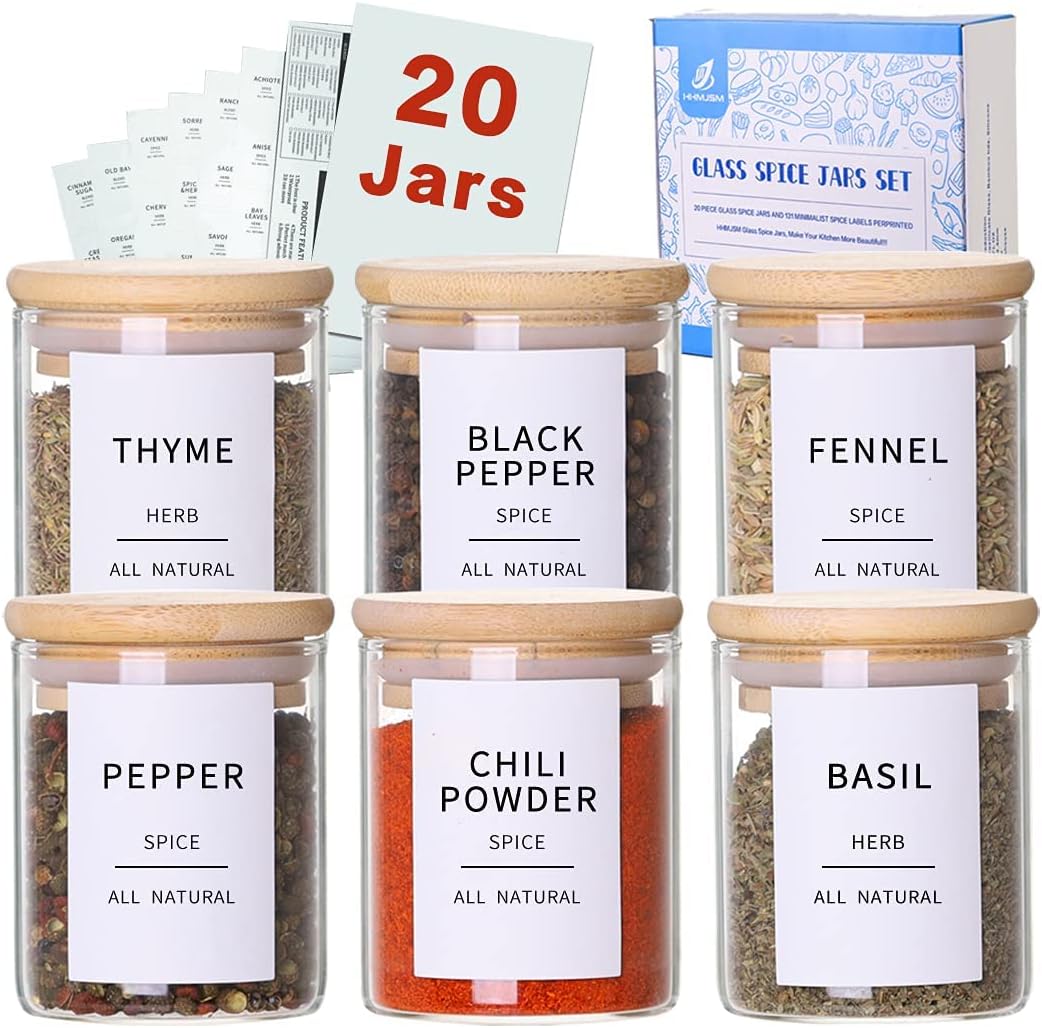 Glass Spice Jars with Bamboo Lids - 20 Pcs Thicken(2.4mm) 4oz Airtight Seasoning Containers with 131 Waterproof Minimalist Spice labels Preprinted