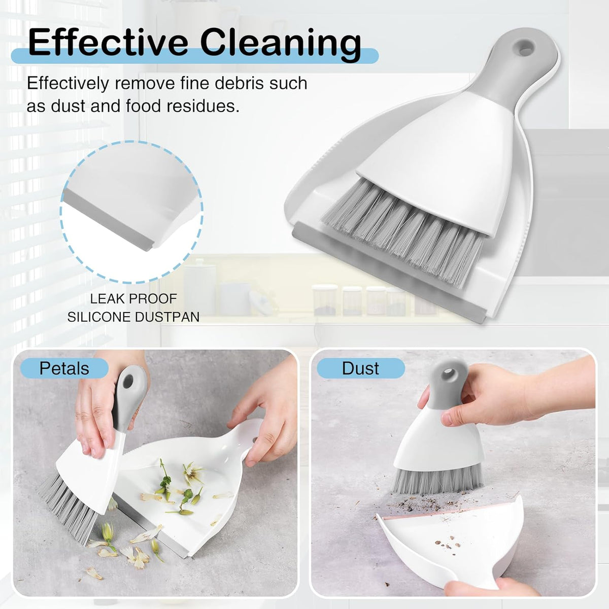 NACENA Mini Dustpan and Brush Set, Small Broom and Dustpan Set Dust Pan and Mini Hand Broom Dustpan and Broom Combo Compact for Home Table Keyboards Sofa Kitchen Pets, White & Gray
