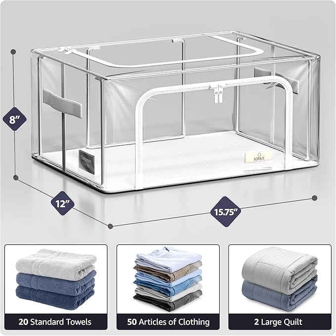 Sorbus Storage Bins with Metal Frame - Stackable & Foldable Clothes Organizer Bags - Clear Soft Plastic Storage Containers (4 Pack, Small)