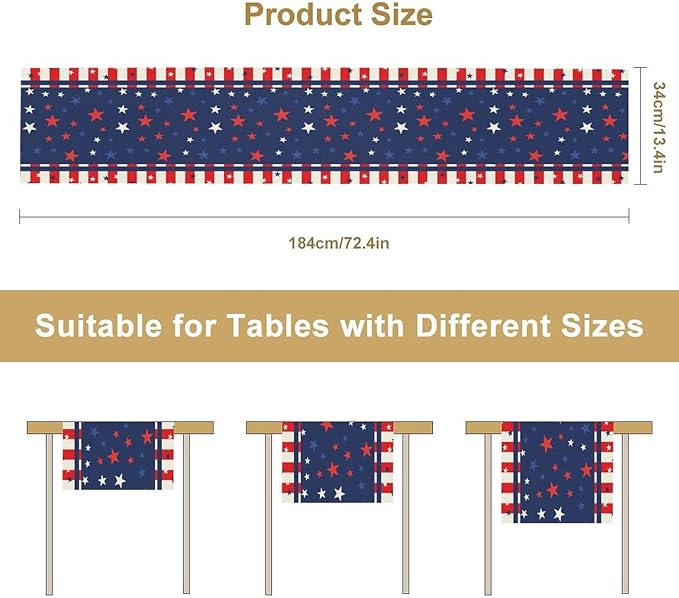 4th of July Table Runner, America Stars Stripes Patriotic Independence Memorial Day Table Runner for Kitchen Dining Home Party Holiday 13x70in