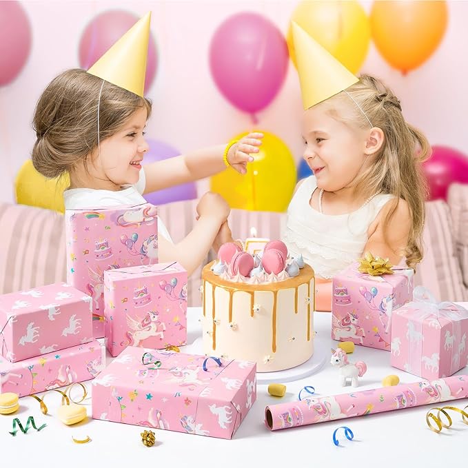 WERNNSAI Watercolor Unicorn Wrapping Paper - 1 Roll 17” x 33 ft Happy Birthday Wrapping Paper Roll Rainbow Birthday Gift Wrap for Kids Girls Princess Party Favor Unicorn Silhouette Design