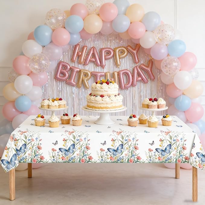 2 Pack Spring Floral Tablecloth Party Decorations, 54 x 108 Inch Disposable Wildflower Butterfly Plastic Table Cover Wildflower Table Cloth for Birthday, Wedding, Tea Party Decor