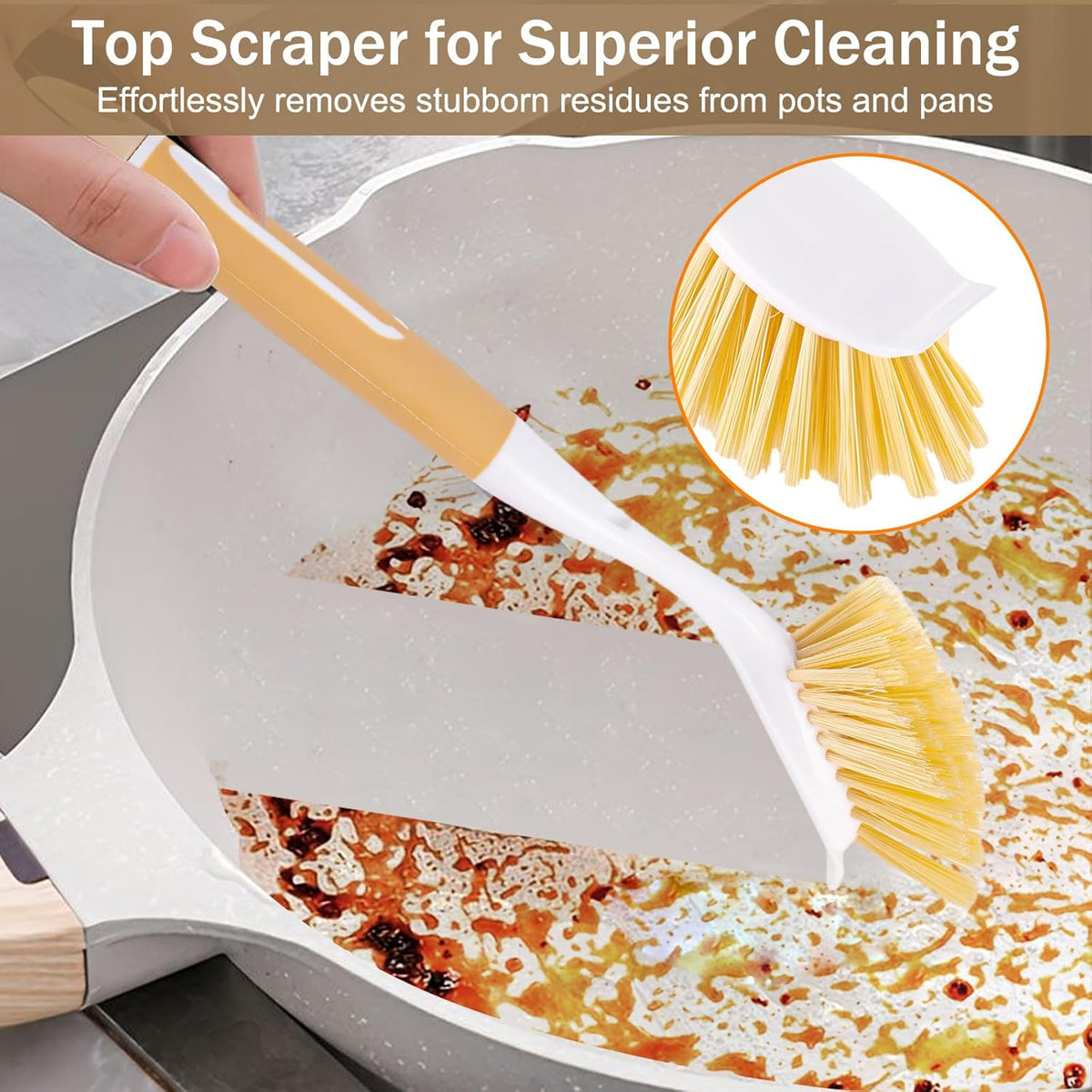 Dish Brush with Detachable Small Steel Wire Brush and Pan Scraper, Home Kitchen Scrub Brushes with Long Handle for Household Cleaning Dishes, Pots, Stovetop, Grill, Sink Scrubber (2-Pack)