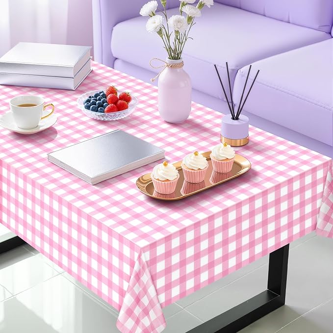 1 Pack Pink Striped Gingham Tablecloths, 54 x 108 Inch Disposable Plastic Rectangle Table Covers, Waterproof Pink and White Checkered Pink Table Cloths for Picnic, Birthday, Party, Outdoor Events