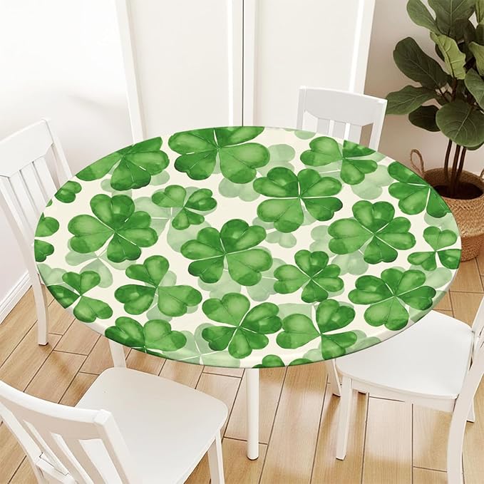 St Patricks Day Round Fitted Tablecloth with Elastic Spring Green Watercolor Shamrock Circle Table Cloth for 36-40" Tables Waterproof Washable Clover Leaf Floral Table Cover for Outdoor Picnic Dining