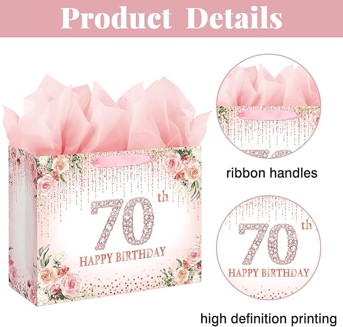 Laidans Large Pink 70th Happy Birthday Gift Bag with Tissue Paper and Card for Women Party (Rose Gold) (70th)