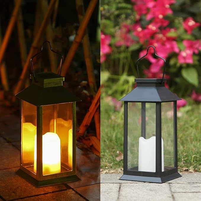 Tomshine 2 Pack Solar Lanterns, Outdoor Garden Hanging Lanterns, 11.8 Inch LED Flickering Flameless Candle Mission Lights for Yard, Table, Patio (Black)