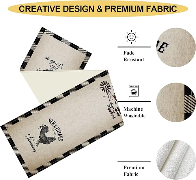 Farm Animals Table Runner, Rustic Farmhouse Cow Pig Rooster Watercolor Coffee Table Center Decor for Home Kitchen Dining Patio Holiday Party Indoor Outdoor Table Decorations, 13"x108" Inch