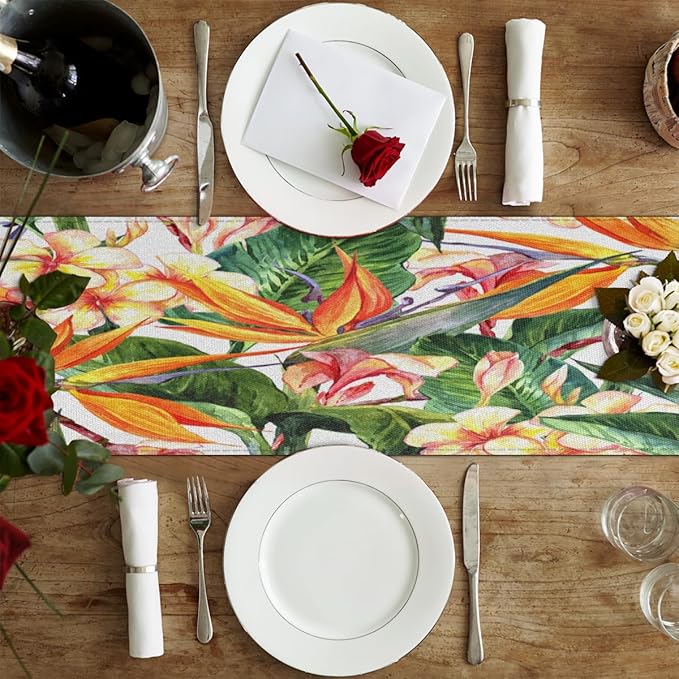 Tropical Exotic Flowers Bird Paradise Table Runner Kitchen Dining Table Runner 13*60in Table Center Decor for Indoor Outdoor Home Holiday Party