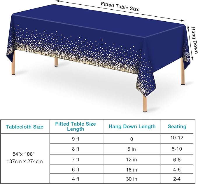 12 Pcs Navy Blue Plastic Tablecloth Gold Dot Blue Table Cloth, 54×108 inches Disposable Gold Dot Confetti Dark Blue Table Cover for Anniversary, Friendsgiving, Fine Dining, Graduation Party Decoration