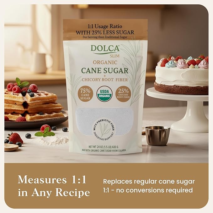Organic Cane Sugar with Prebiotic Fiber – Dolca Slim – 25% Less Sugar, Same Taste & Texture – Sweetness for Coffee, Tea & Baking – Bakes