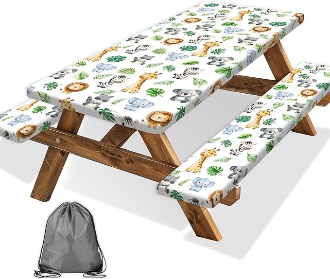 Jungle Safari Picnic Table Cover with Bench Covers, Camping Essentials, Animal Print Waterproof Windproof Table Cover, Fitted Tablecloth Cover with Elastic Edge, for Indoor & Outdoor 3 PCS 30x96 Inch