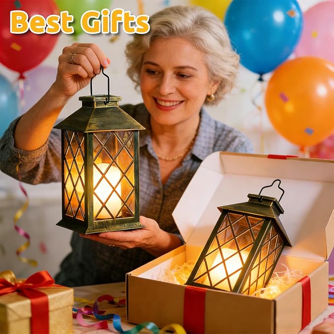 Solar Lanterns Outdoor Waterproof, 2 Pack 9" Glass Hanging Solar Lights with Flickering Flameless Candle, Outdoor Lanterns for Patio Wall Porch Table Garden Yard, Gift for Women Mom - Bronze