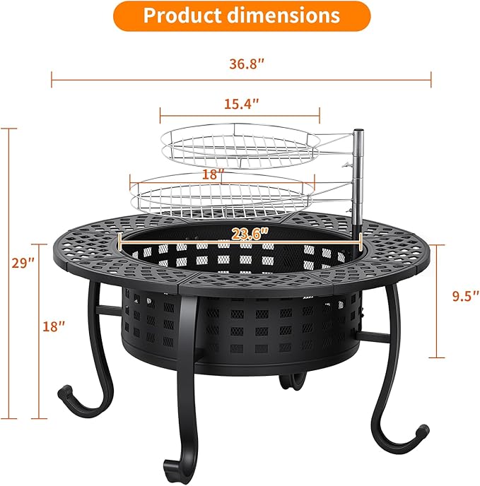 FDW 36 Inch Fire Pit with 2 Adjustable Grills, Wood Burning Outdoor Fire Pit with Lid, Poker & Waterproof Cover, 3-in-1 Fire Pit Table for BBQ, Bonfire & Patio Dining