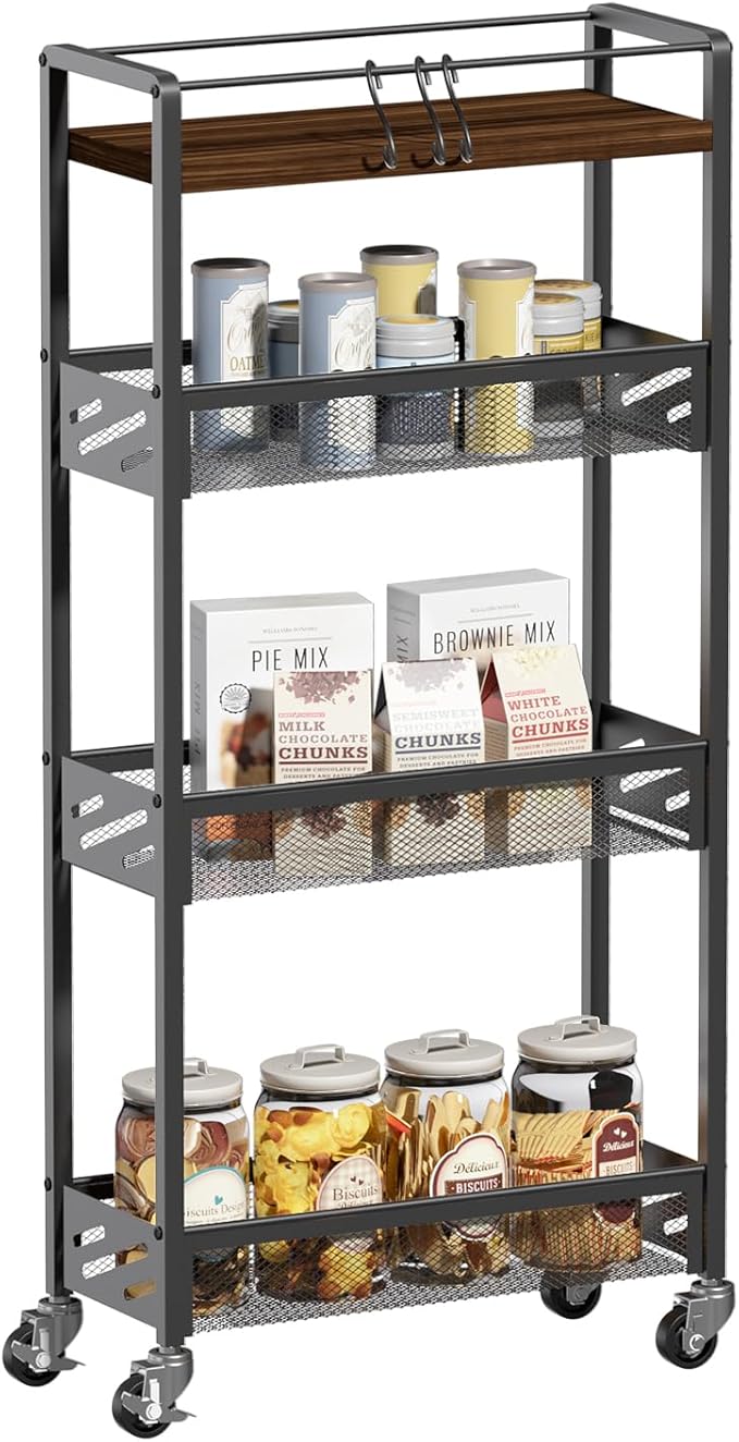 DGSNADGO Slim Rolling Storage Cart, 4-Tier Kitchen Cart on Wheels, Narrow Utility Cart with Handle and Wooden Tabletop for Small Space in Kitchen, Living Room, Bathroom, Rustic Brown and Black