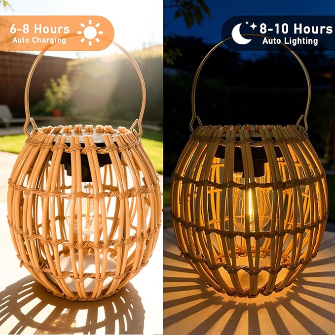 Solar Outdoor Lanterns, Hanging Rattan Lantern Handwoven Garden Lights Solar lamp Waterproof for Outside, Idea for Yard Gazebo Patio Pergola Pathway Front Porch Decor, 2 Pack