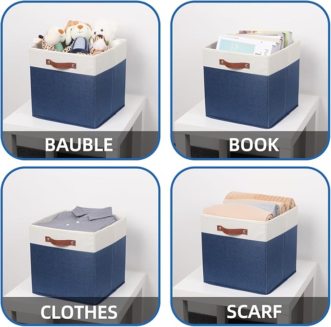 Temary Fabric Storage Bins for Cube Organizer 4 Pack Cube Storage Bins 13 Storage Cubes for Shelves Storage Baskets for Organizing Books, Clothes, Towels (White & Blue, 13x13x13 Inch)