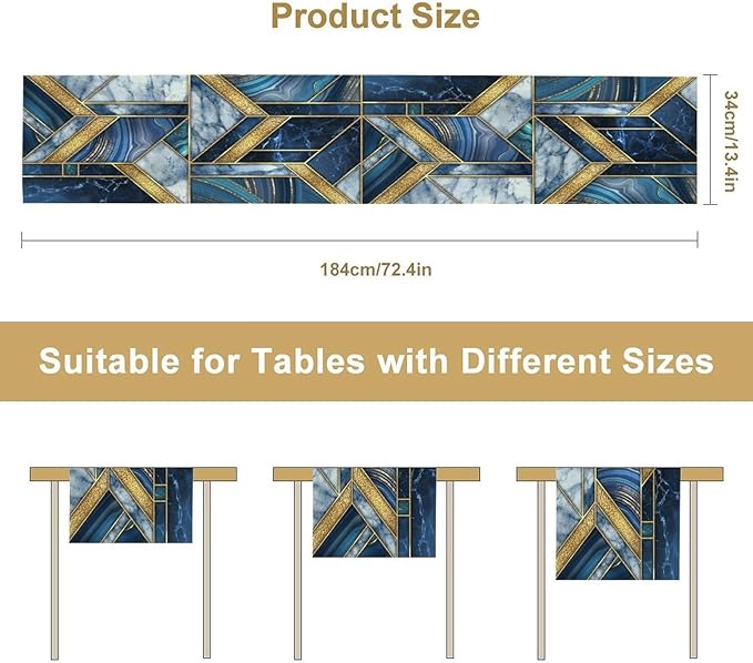 Marble Texture Table Runner, Dark Blue Gold Modern Mosaic Design Table Runner Decoration for Kitchen Family Dinner Table Holiday Party Farmhouse 13x120in