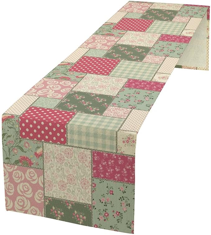 Patchwork Flowers Table Runner, Boho Plaid Floral Retro Romantic Rose Plants Table Runner for Dining Coffee Party Holiday Farmhouse 13x90in