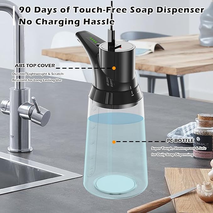 Automatic Liquid Soap Dispenser Touchless,Black 4-Level Adjustable Modern Type-C Rechargeable Electric Sensor Soap Dispenser,Hand Sanitizer Dispenser for Kitchen(23.7oz/700ml)
