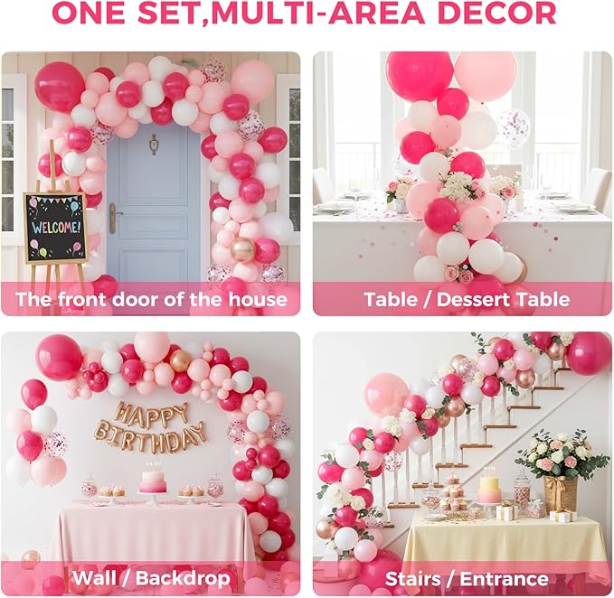 LovesTown 150 PCS Pink Rose Gold White Balloons Different Size of 18 12 10 5 Inch, Pink Confetti Balloons with Ribbons for Confession Proposal Wedding Girls Birthday Baby Shower Party Decorations
