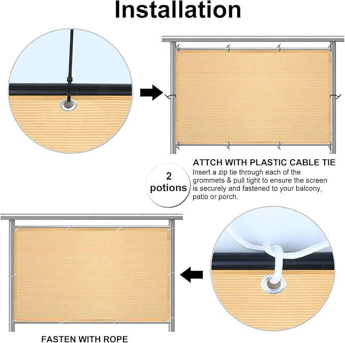 Eden's Decor Balcony Privacy Screen Beige 2'6"x 32' Cover Mesh Windscreen Weather-Resistant UV Protection for Backyard Deck, Patio, Balcony, Pool, Porch, Fence, Railing, Gardening
