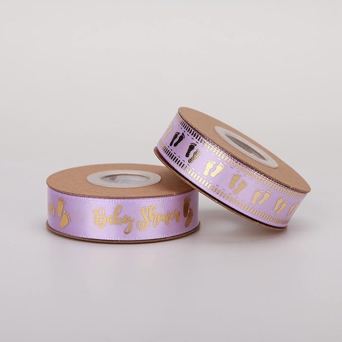 Meseey 20 Yards Baby Ribbon Foot Print Purple and Gold Ribbons for Crafts Cake Baby Shower Birthday,Gift Wrapping, Party Decoration (Purple)