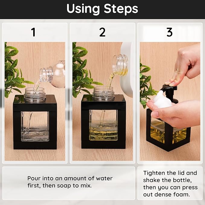 Segbeauty 11.84oz Black Foaming Soap Dispenser for Bathroom, 2pcs 350ml Empty Square Dish Soap Dispenser with Labels Pump for Kitchen, Refillable Hand Wash Foam Dispenser Soap Reusable Shampoo Bottles