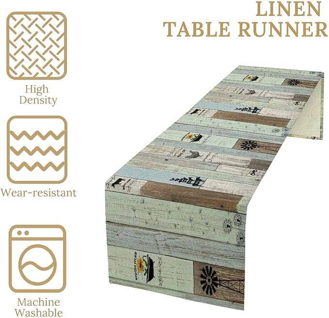 Rustic Farmhouse Table Runner, Vintage Country Blue Green Wooden Board Cow Chicken Pig Windmill Print Table Runner for Kitchen Dining Room Wedding Party Decor, 13x36inch