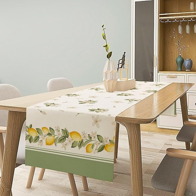 Lemon Spring Table Runner, Farmhouse Rustic Summer Flower Leaves Table Cover for Home Kitchen Dining Room Table, 13x70inch