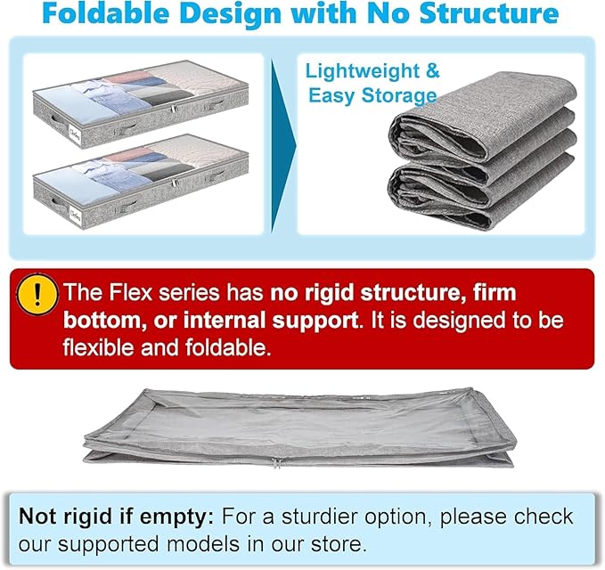 3 Inch Low Profile Under Bed Storage Drawer 2 Pack, Lightweight Underbed Clothes Storage Container Bins With NO STURCTURE, Shallow Storage Bag for Dorm & Home, With Clear Lids & Water-Resistant Fabric