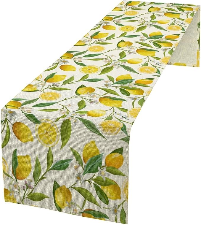 Lemon Table Runner, Summer Fruits Green Leaves Flower Plant Table Runner for Farmhouse Coffee Home Kitchen Dining Party Outdoor 13x90in