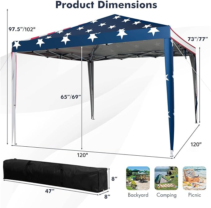 Tangkula 10x10 Ft Pop Up Canopy with Netting, Easy Up Canopy with Mesh Sidewalls, Carrying Bag, Adjustable Height, American Flag Outdoor Canopy with 100 Square Feet of Shade for Backyard, Lawn