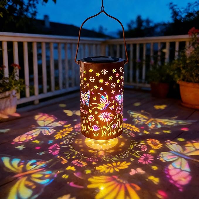 2-Pack Colorful Butterfly Solar Lanterns Outdoor Waterproof, Upgraded Garden Decor Metal Butterfly Hanging Solar Lantern for Outside Patio Tree Table Front Porch Decor, Gifts for Mother Grandma Women