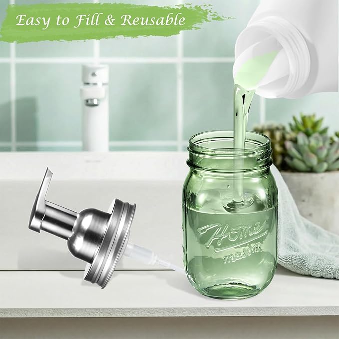 Amolliar Green Glass Mason Jar Foaming Soap Dispenser, 16OZ Hand Soap Dispenser, Plastic Pump & Stainless Steel Lid & Lable, Kitchen Dish Soap Bathroom Accessories Set, Soap Pump Bottle, Silver 1 Pack