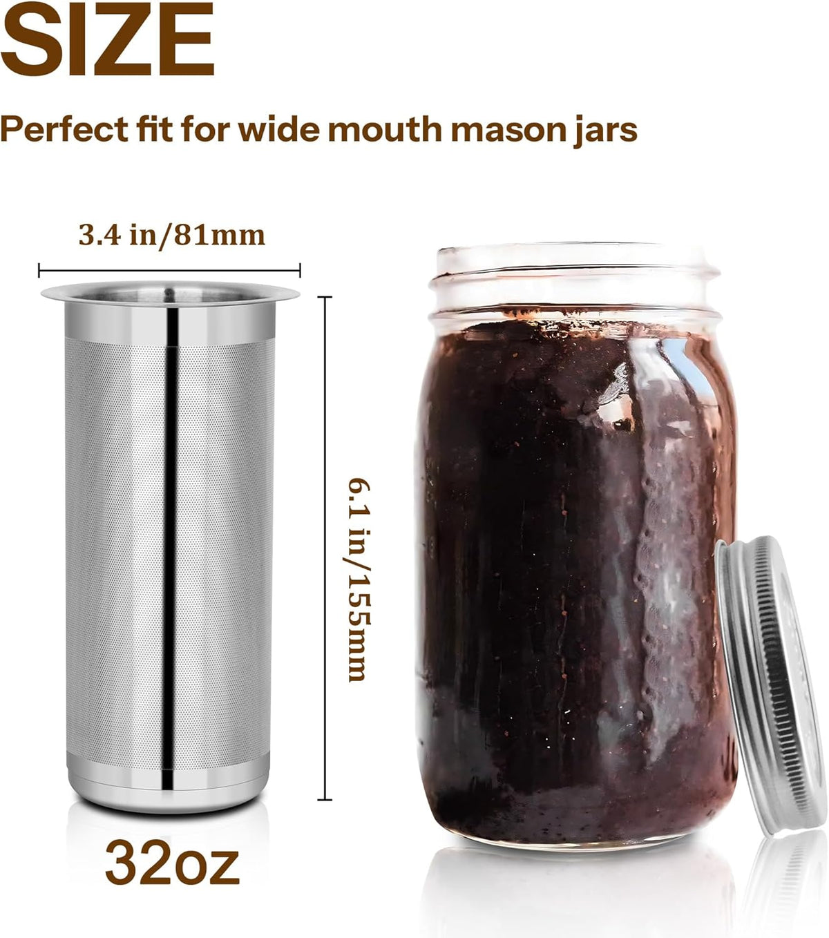 Cold Brew Coffee Filter for 1 Quart Wide Mouth Mason Jar, Double Layer 304 Stainless Steel Filter Ultra Fine Mesh for Cold Brew