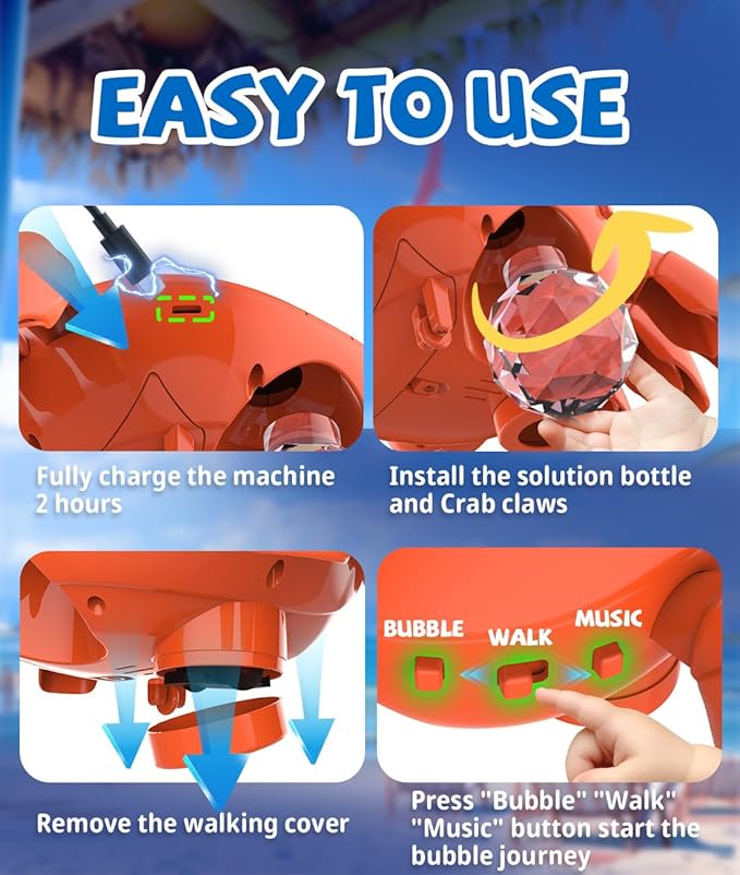 Bubble Machine - 360° Crawling Crab, Auto Obstacle Avoidance, USB-C Rechargeable, LED & Music - Tummy Time Toys for Infant, Toddlers, Kids, Boys, Girls - Gifts for Easter, Outdoor, Birthday, Parties