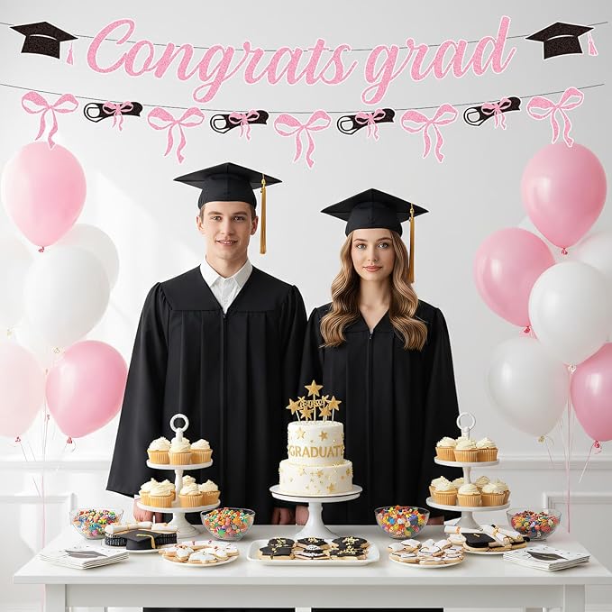 Pink Graduation Decorations 2026-2PCS Pink Bow Congrats Grad Banners Party Decor, Bowknot Graduation Party Supplies for Primary Middle High School University College (No-DIY)
