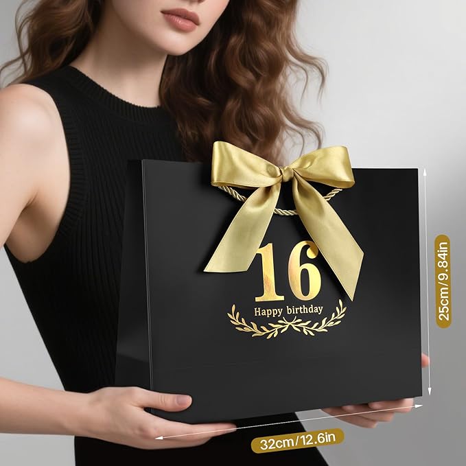 JMANNI Black Gold 16th Birthday Gift Bag with Card and Tissue Paper, 12.6"×9.84"×3.9" Elegant Present Bag for Teens, 16 Year Old Birthday Keepsake Party Supplies