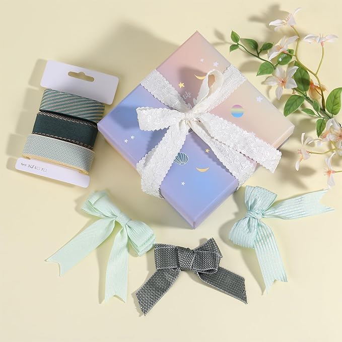 BEEFLYING 3 Styles 9 Yard Olive Green Wire Edged Ribbons for Christmas Gift Wrapping Deco 25~28mm×2.7m Stripe Ribbons Satin Ribbons for Wedding Party Deco Hair Bows Flower Designs Sewing and Craft