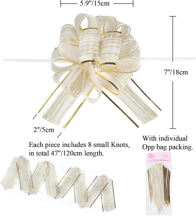 20 PCS Large Pull Bow Gift Wrapping Bows, Pull Bow with Ribbon for Wedding Gift Baskets, Party Gift Wrap Bows, Presents Decorating Bows (White)