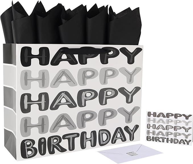Qirrmiy 16.5" Extra Large Black Happy Birthday Gift Bag Set with Handles, Greeting Card, Tissue Papers and Stickers for Men Boys Kids Teens, Words Design, 1 Pcs