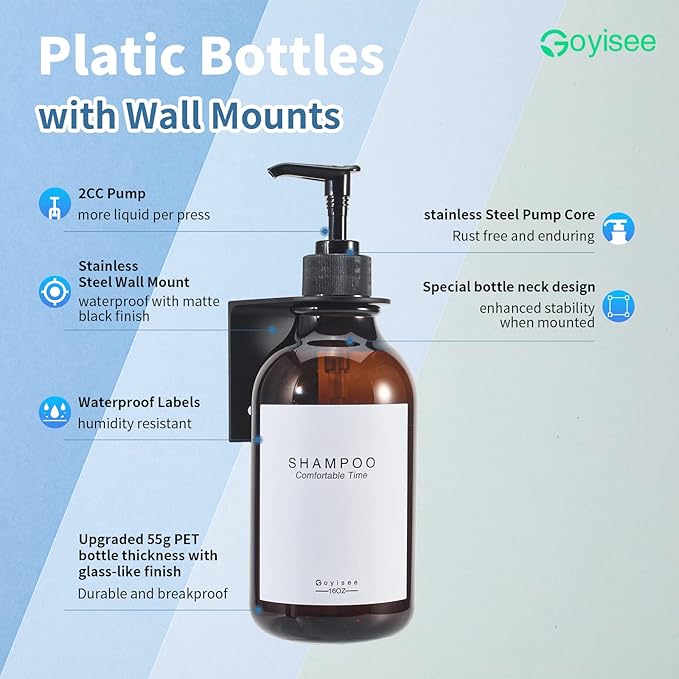 Shampoo and Conditioner Dispenser for Shower Wall 3 Chamber,Refillable Shampoo and Conditioner Bottles with Waterproof Labels,Soap Dispenser with Pumps (3 Bottles 3 Wall Mounts-Brown)