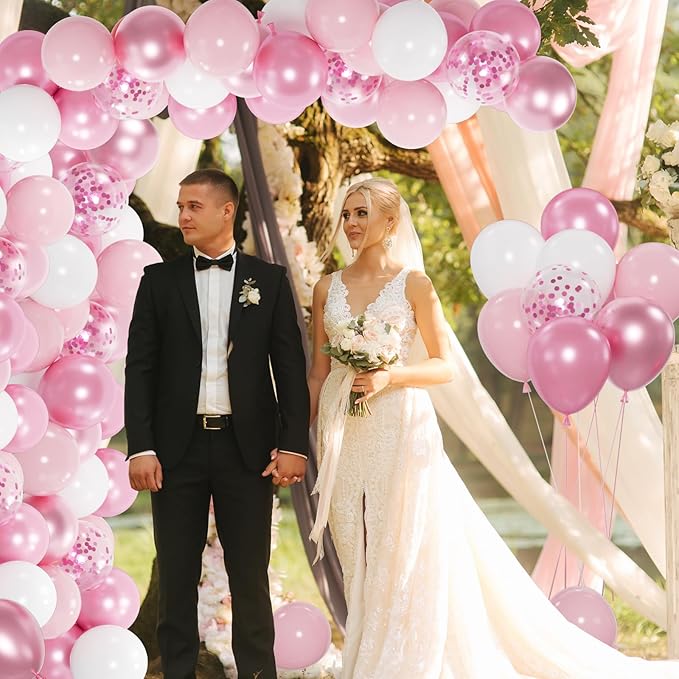 60pcs Pink and White Balloons, 12" Metallic Pearl Pastel Baby Pink Confetti Balloons for wedding Baby Bridal Shower Princess Birthday Decorations (66ft Ribbons)