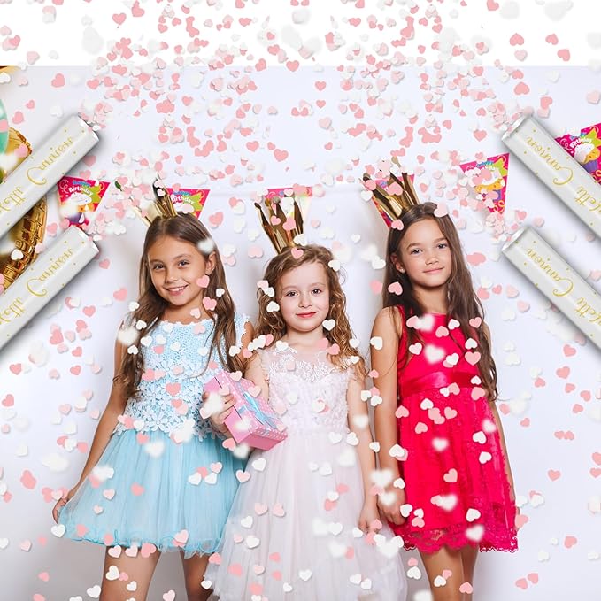 12" Confetti Cannons with Pink & White Heart Filling - Party Poppers for Gender Reveal Baby Shower Bridal Shower Valentine Wedding Anniversary - Easy to Use,Biodegradable Confetti - Pack of 4